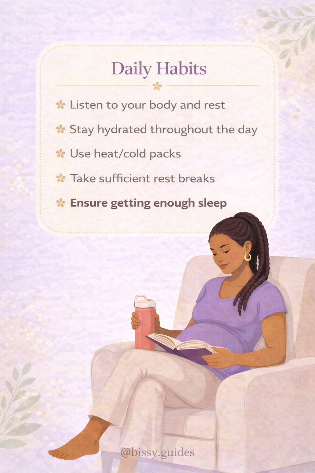 Pregnant woman resting comfortably in a chair with supportive daily movement habits for pelvic girdle pain.