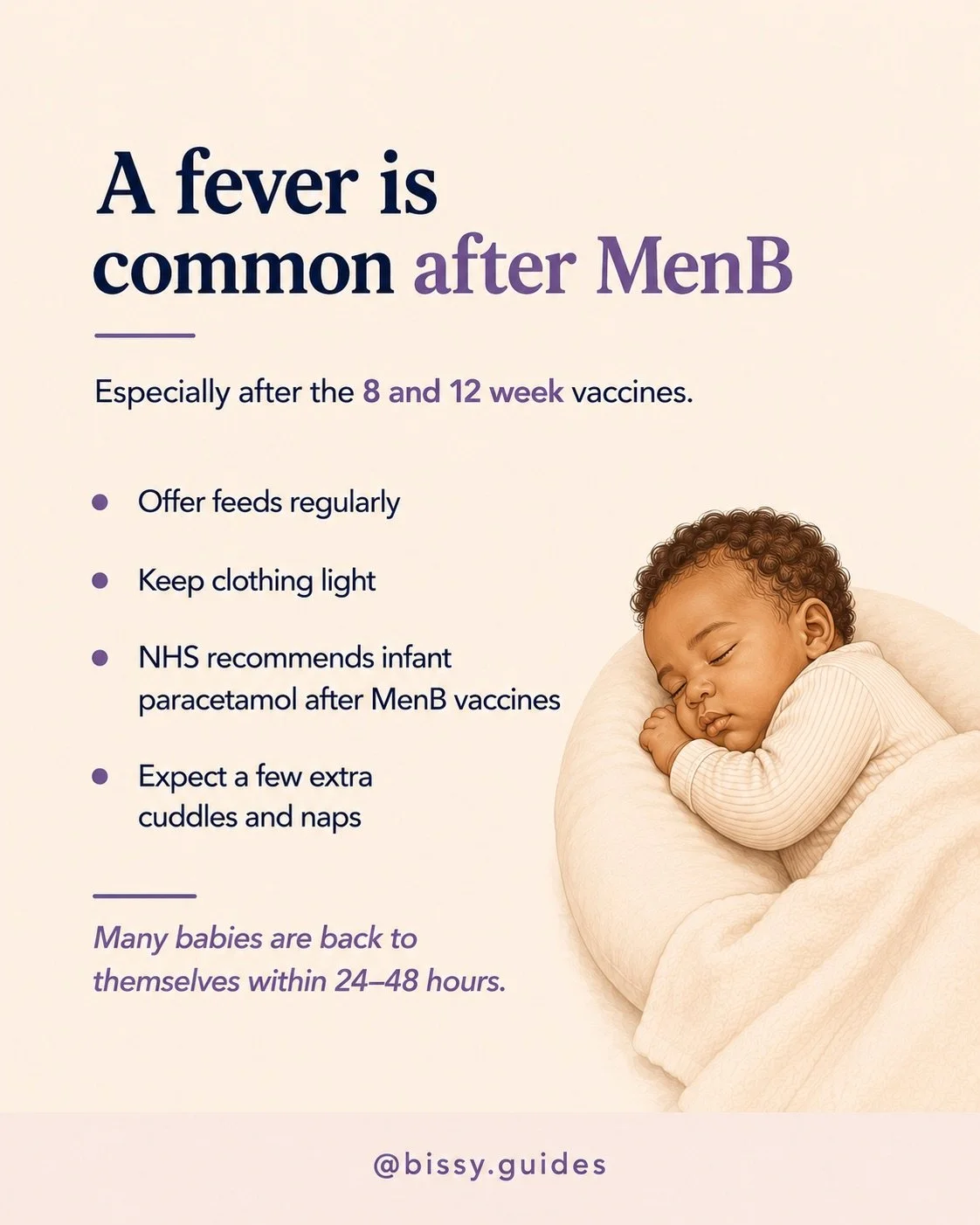 Sleeping baby illustration explaining fever after MenB vaccines and practical comfort measures.