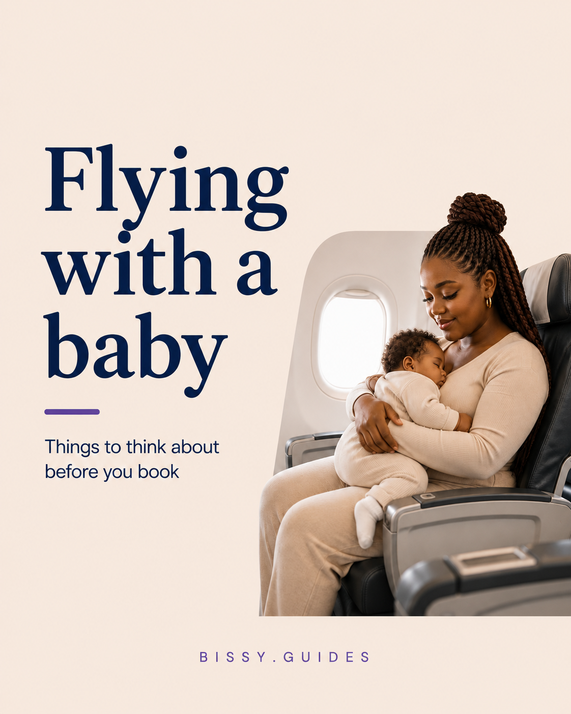 Mother holding a baby while seated on an airplane, looking out of the window during a flight.