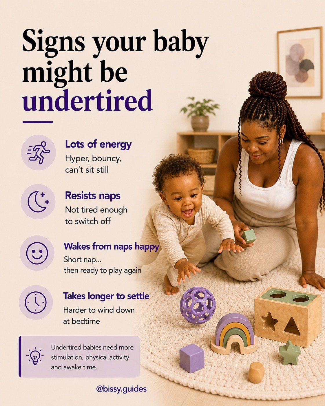 Energetic baby reaching forward during floor play with toys while mum sits nearby on a cream rug, illustrating signs a baby may be undertired.