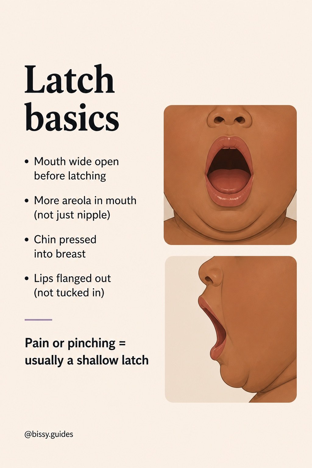 Simple illustrated breastfeeding latch guide showing examples of a wide open mouth and correct latch positioning with bullet-point explanations.
