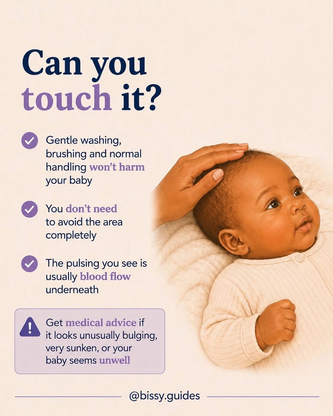 Parent gently touching a baby's head while explaining soft spot safety.