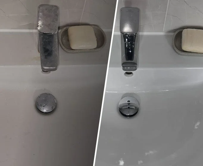 Comparison of a bathroom sink faucet before and after cleaning, showing a dirty faucet with soap and grime, and a clean, shiny faucet.