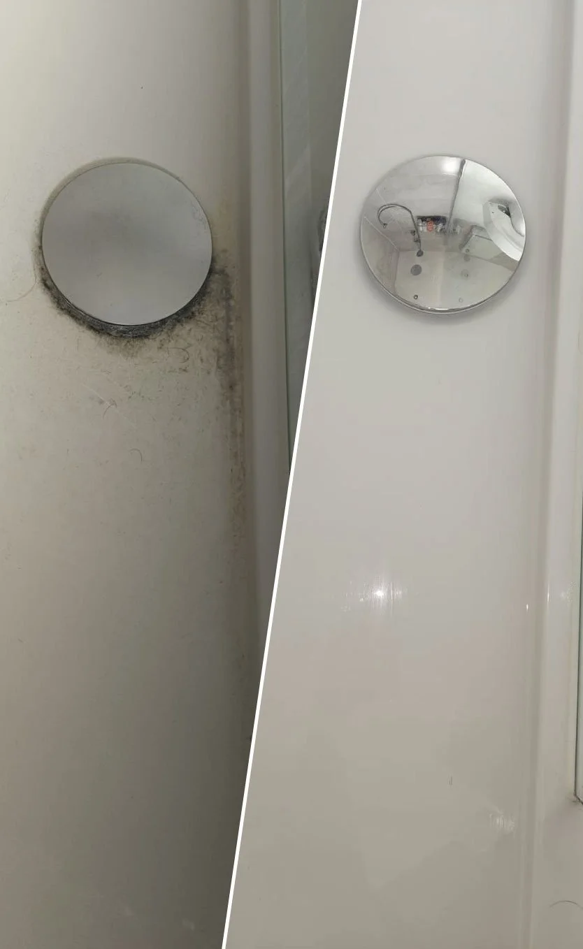Before and after images of a white wall with a circular mirror. The left side shows a mirror surrounded by black dirt and grime, while the right side shows the same mirror clean and reflective.
