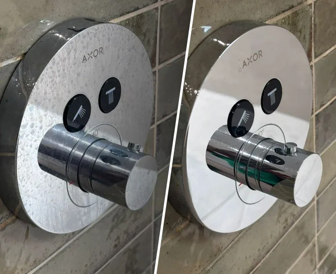 A before and after of a shower faucet. The before shows a build up of water marks and grime, but it shines beautifully in the after shot.