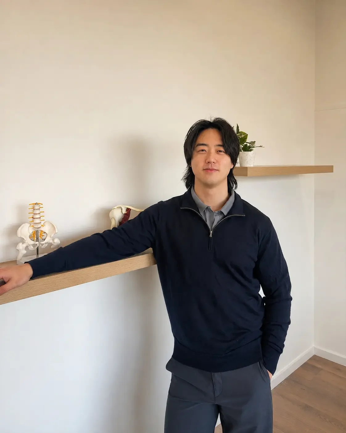 A young man with black hair standing next to a wall with a wooden shelf, which holds a potted plant. There are anatomical models of a human spine and pelvis on a table behind him.