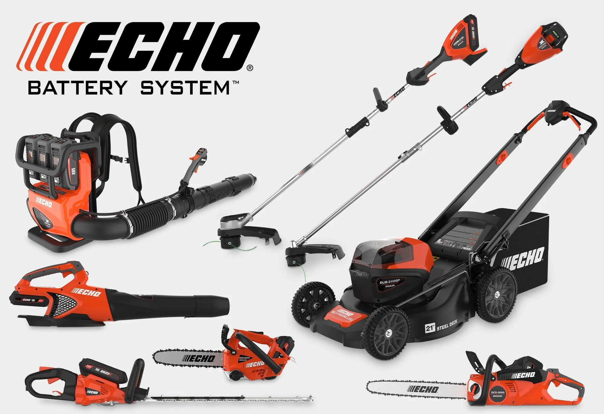 Collection of outdoor power tools featuring Echo battery-powered equipment. Includes a leaf blower, chainsaw, hedge trimmer, string trimmer, lawn mower, blower, and various attachments, all in black and orange with Echo branding.