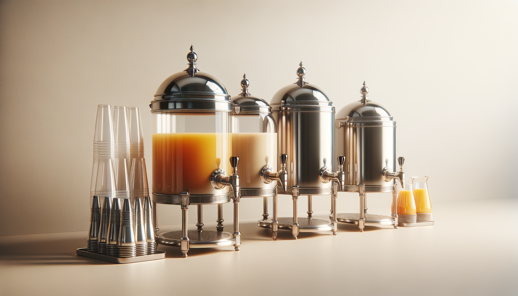 A beverage station with three stainless steel dispensers, one filled with orange juice, and stacked clear plastic cups to the left. Two glass pitchers of orange juice are on the right side of the dispensers.