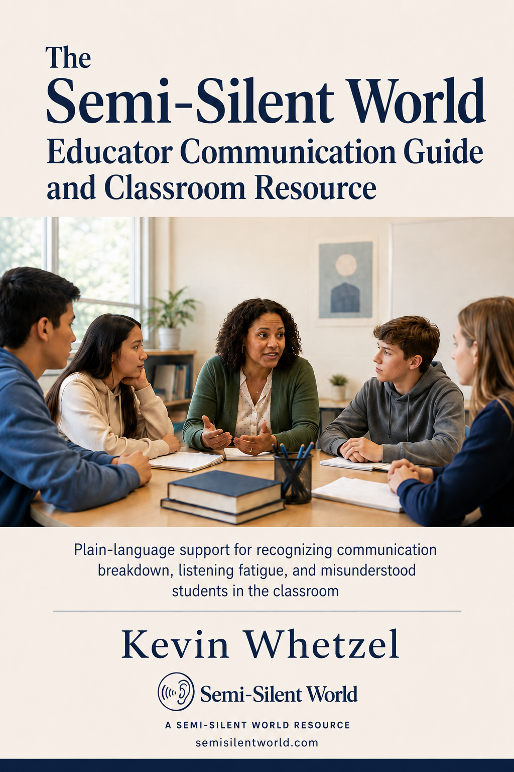 Cover of a book titled "The Semi-Silent World: Educator Communication Guide and Classroom Resource" by Kevin Whetzel, showing a teacher engaging with a diverse group of students in a classroom.