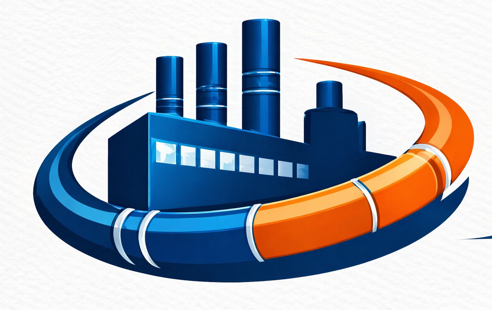 Illustration d'une usine nucléaire entourée d'une bande orange et bleue.