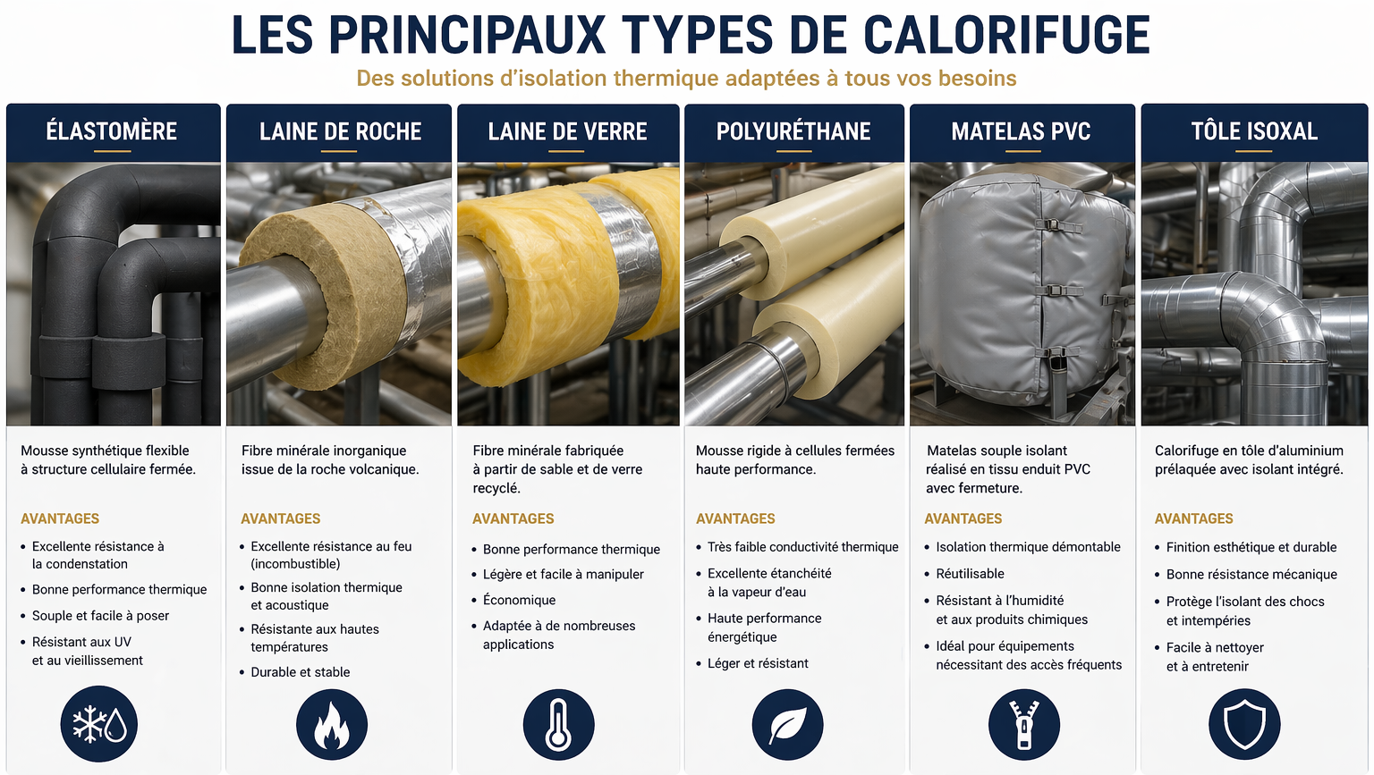 Infographie présentant les principaux types de calorifuge : Élastomère, Laine de roche, Laine de verre, Polyuréthane, Matelas PVC, Tôle isoax. Chaque type est illustré par une photo et décrit avec ses avantages, accompagnée d'icônes illustrant ses propriétés.