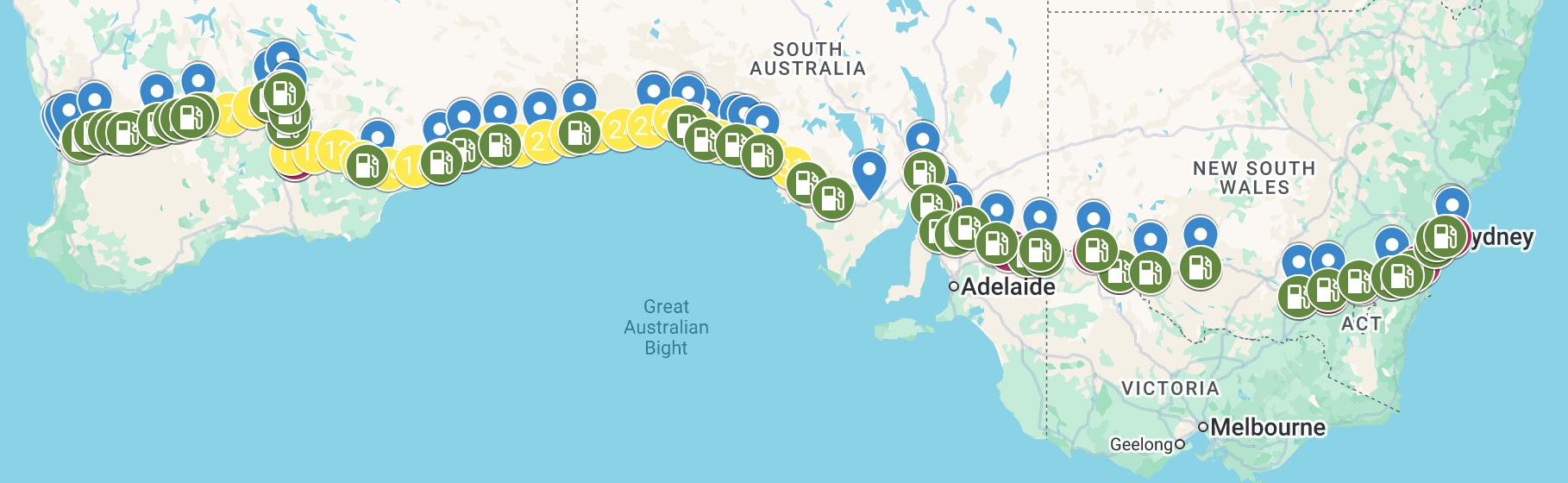 Map of southeastern Australia showing the route of a long train or bus journey, marked with various icons representing stops or stations along the route, passing through or near major cities including Sydney, Melbourne, Adelaide, and Canberra.
