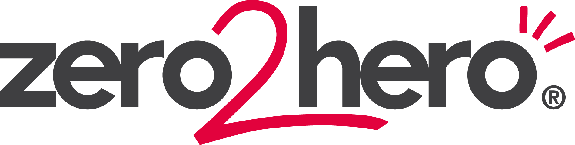 Zero 2 Hero logo with black and red text and red accents.