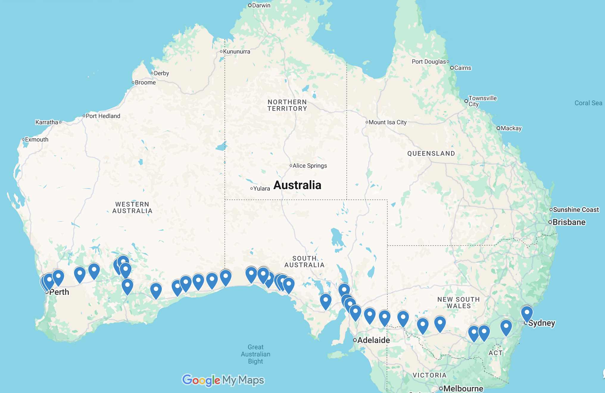 Map of Australia showing a route along the southern coast with many blue location markers from Perth to Sydney.