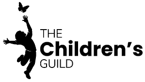 Logo for The Children's Guild showing a silhouette of a jumping child reaching for a butterfly.