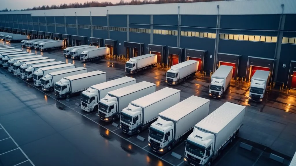 Mehrere weiße Lkw sind an einen Lagerhaus angrenzenden Verladeschuppen mit 8 Ladebuchten geparkt, während sie auf das Beladen warten.