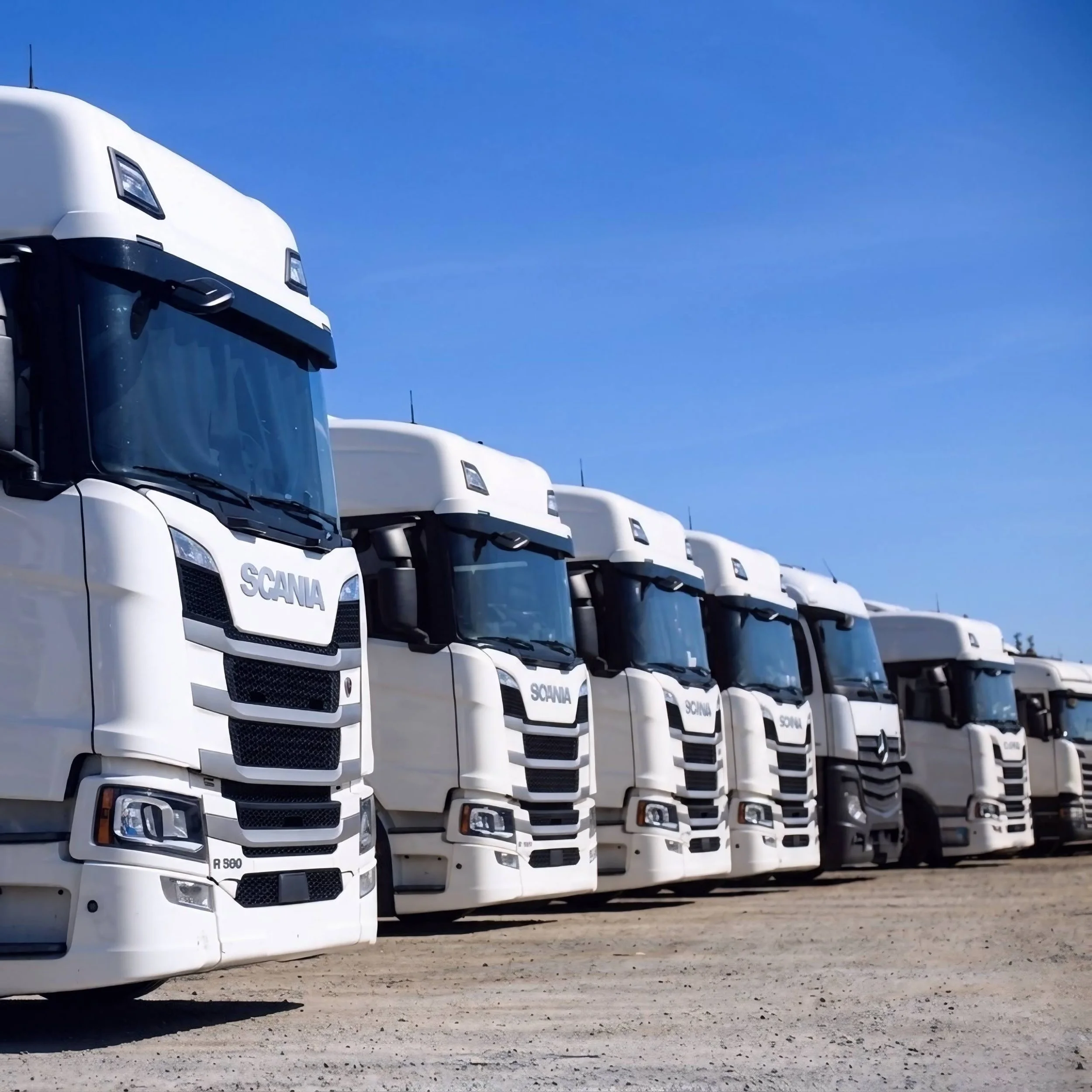 Mehrere weiße LKW stehen nebeneinander auf einer unbefestigten Fläche unter einem klaren blauen Himmel.