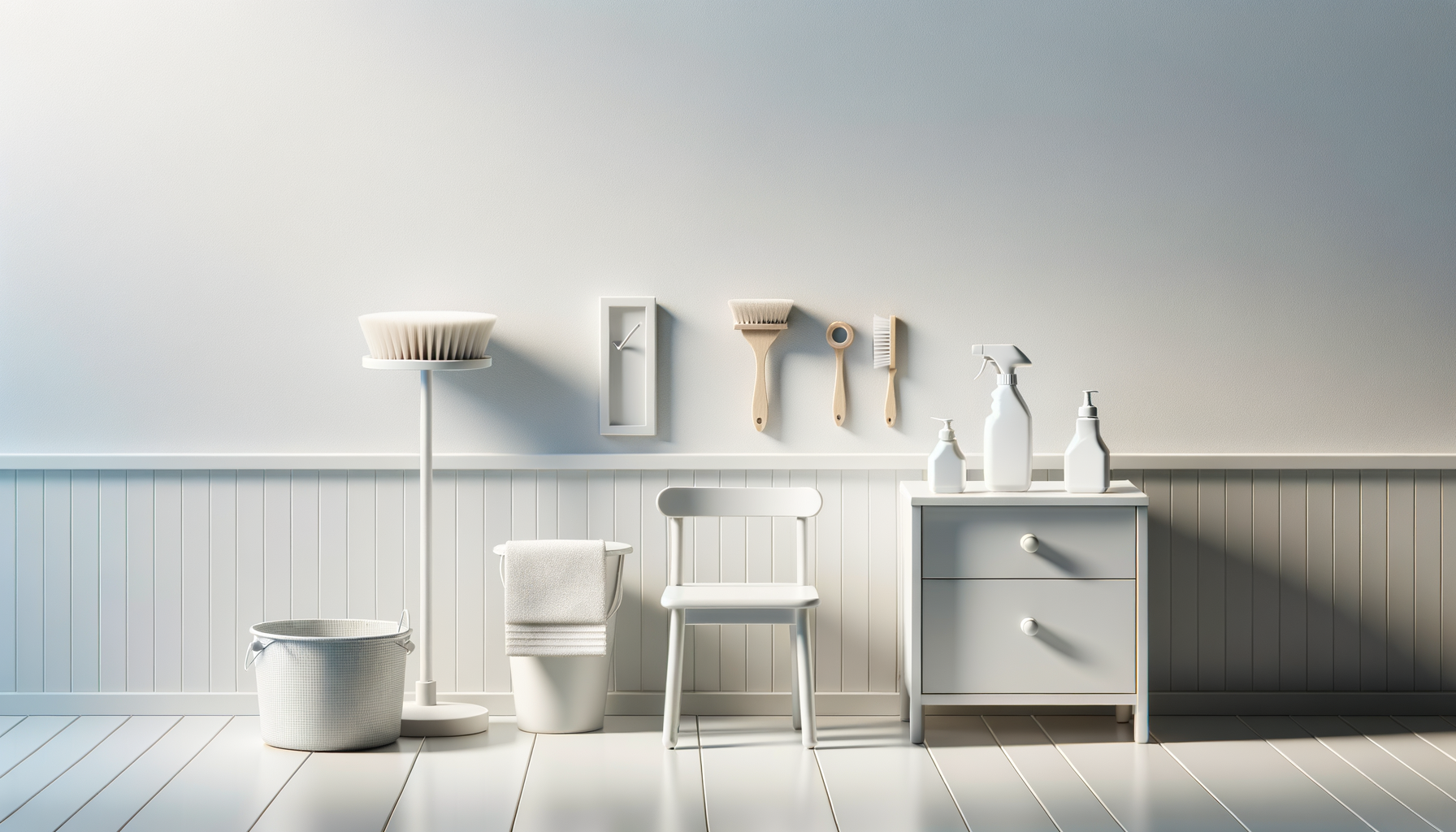 A minimalist white bathroom with cleaning supplies, chairs, and decorative tools neatly arranged on the wall and on furniture.