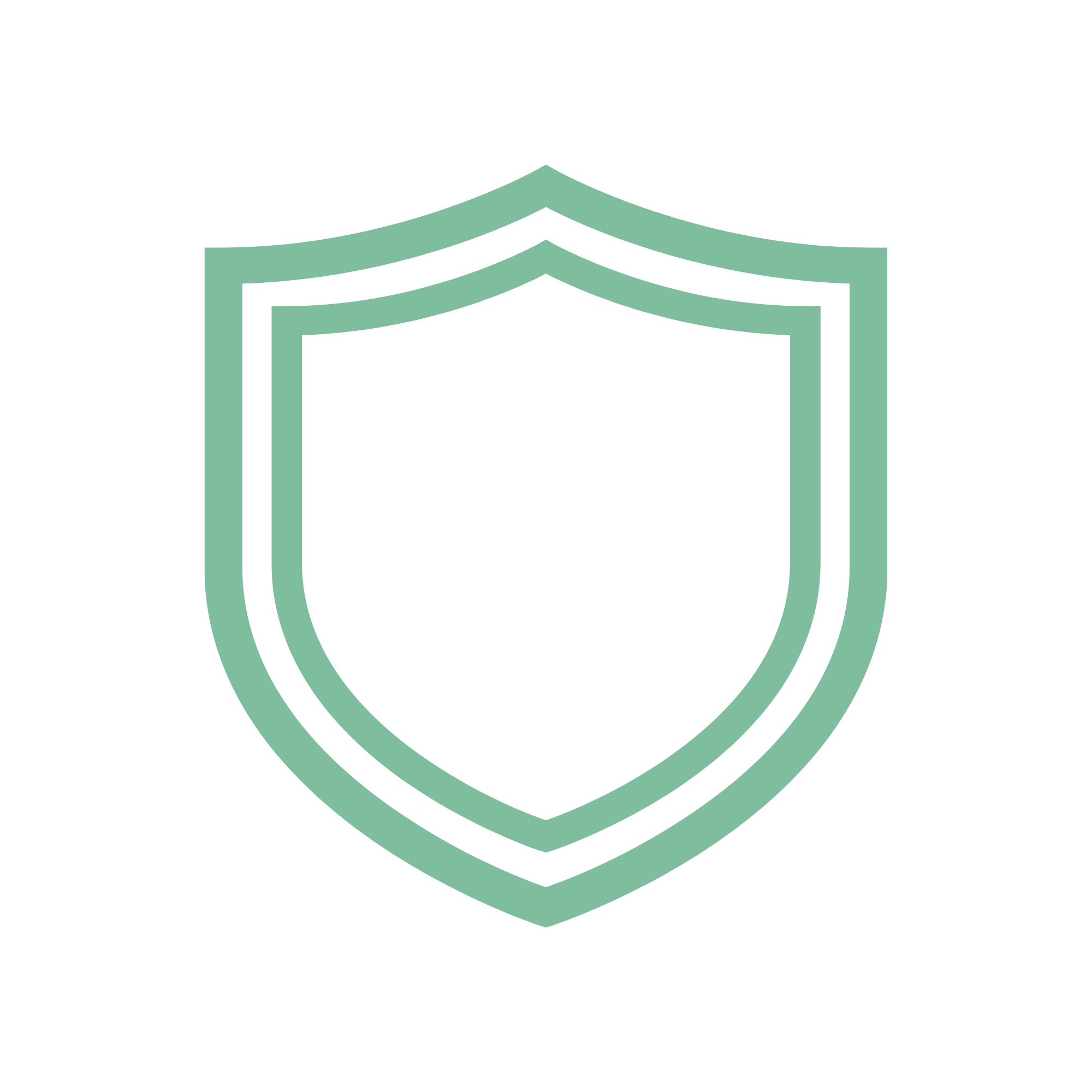 A stylized illustration of a shield with a layered, curved design in green color on a black background.