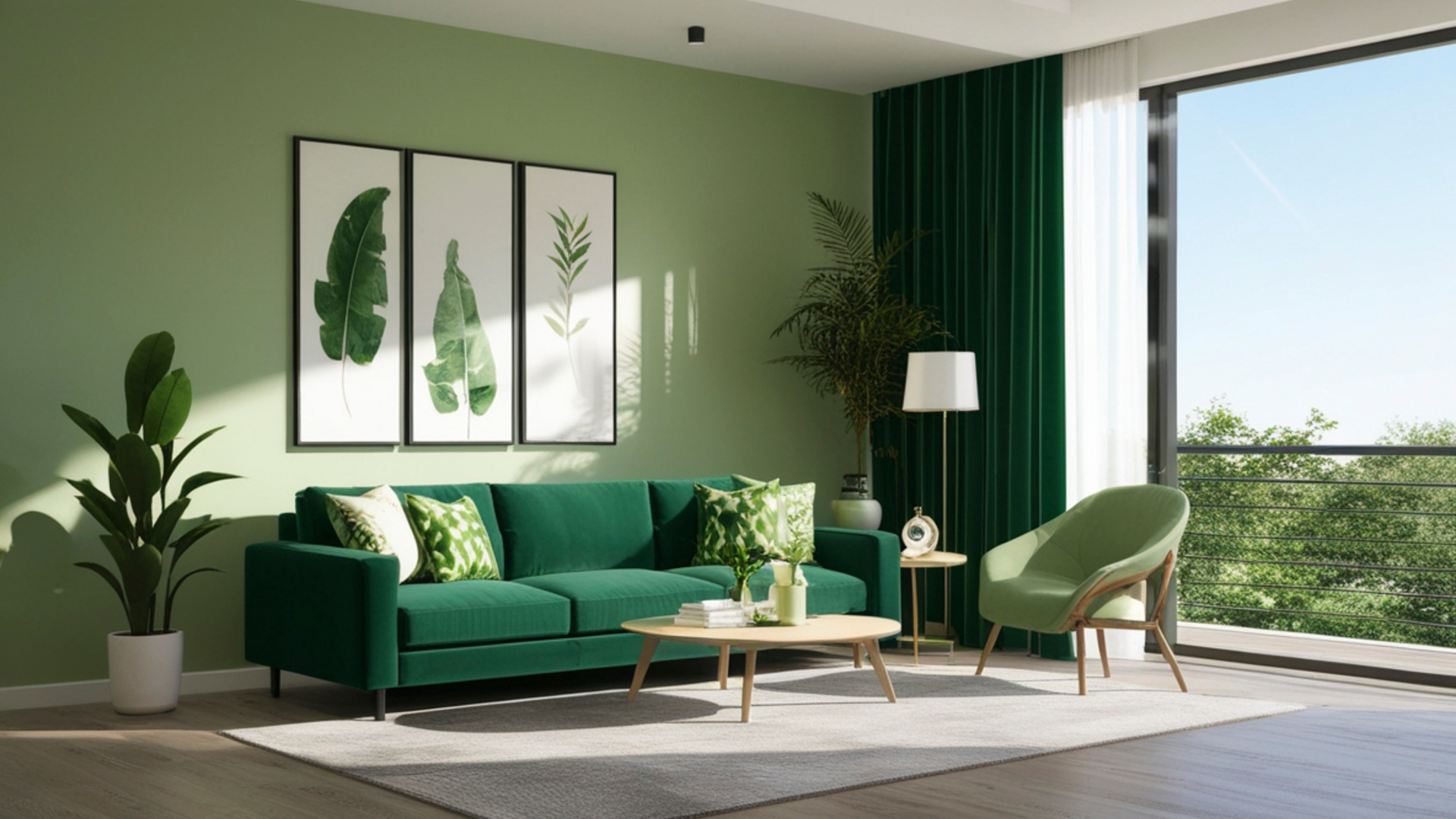 Living room with green walls, green sofa, and green and white decor. Large window with outdoor view and curtains. Potted plants and modern furniture.