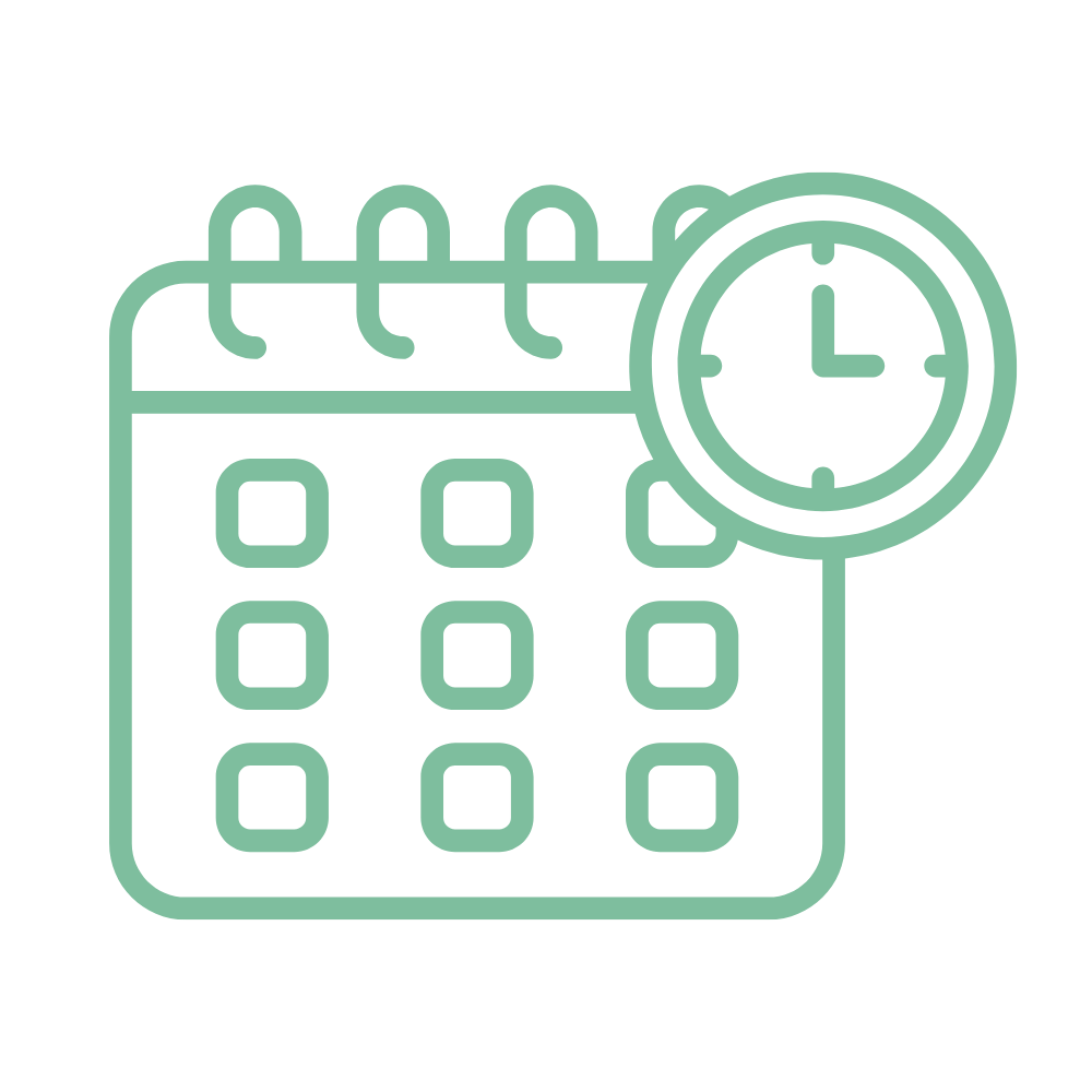 Line art illustration of a calendar with a clock, representing scheduling or time management.