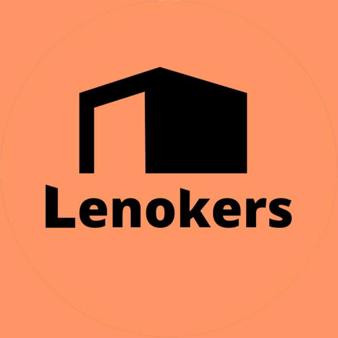 Logo with a black open box and the word "Lenokers" below it on a peach background.