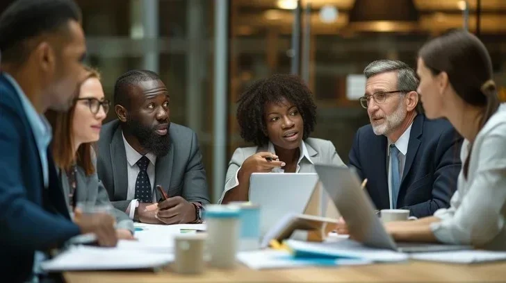 A diverse group of six people sitting around a table in a business meeting, engaged in discussion, with laptops and papers in front of them.