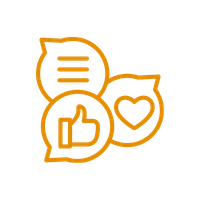 Orange outline icons of a thumbs-up, a heart, and a speech bubble with a heart inside