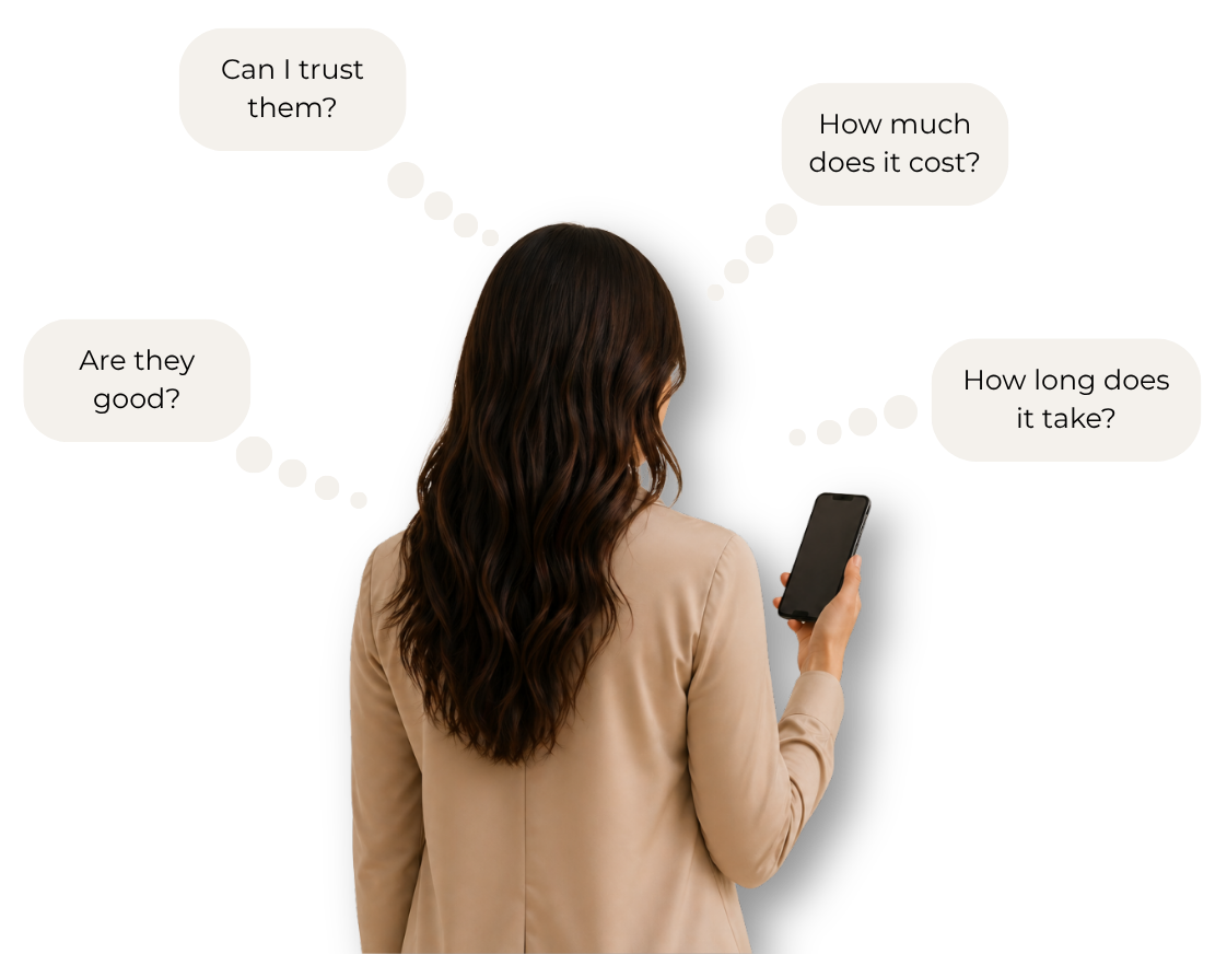 A woman with long brown hair wearing a beige blazer looking at her phone, with speech bubbles around her asking questions about trust, cost, quality, and time.
