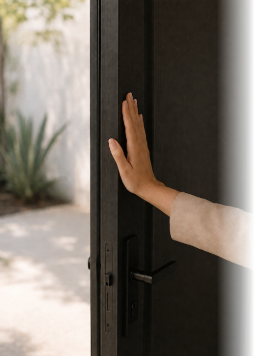Person opening a black front door with their hand on the door frame, outdoor area with plants visible in the background.