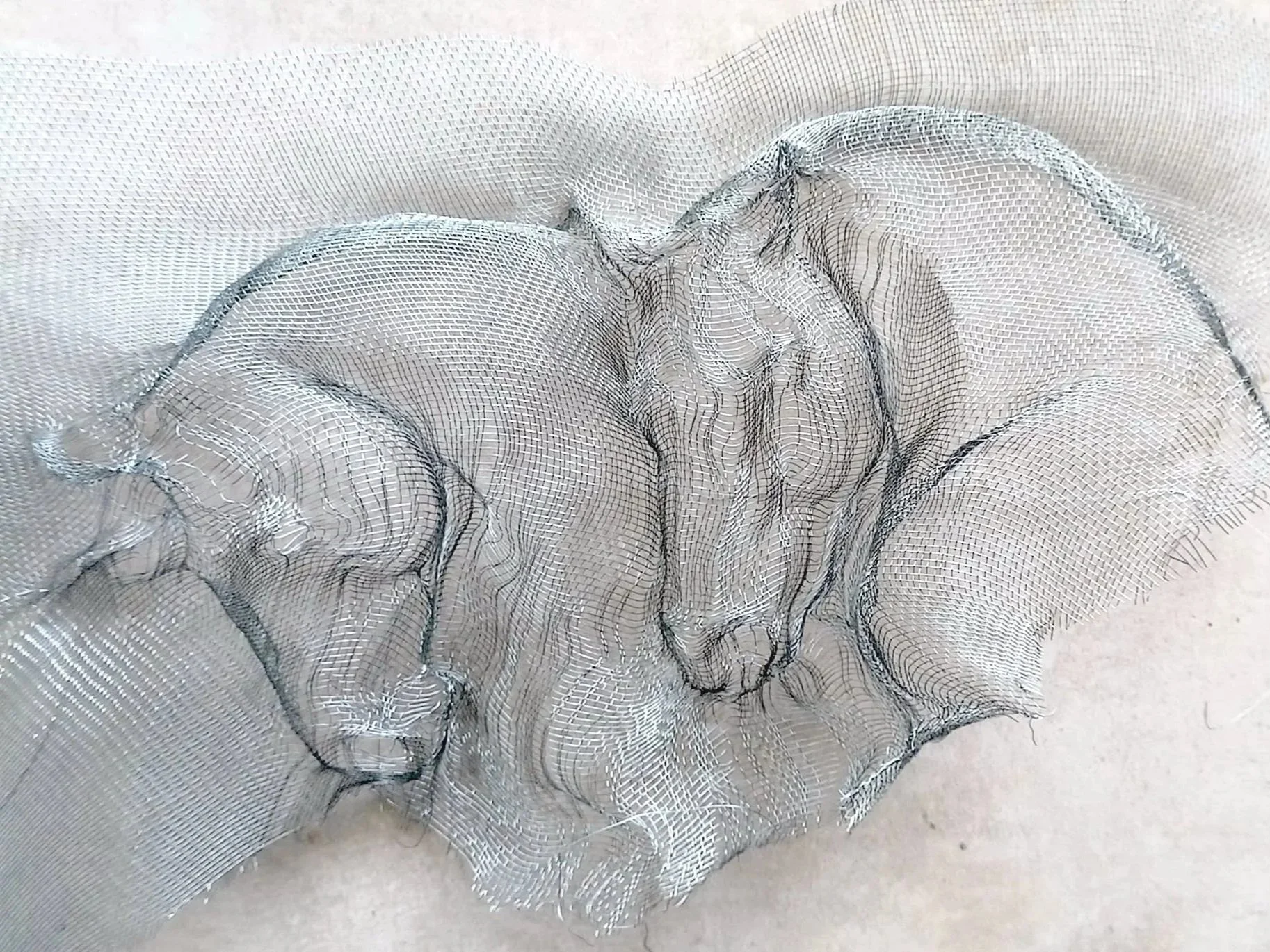 Têtes de chevaux sculptées dans de la toile moustiquaire