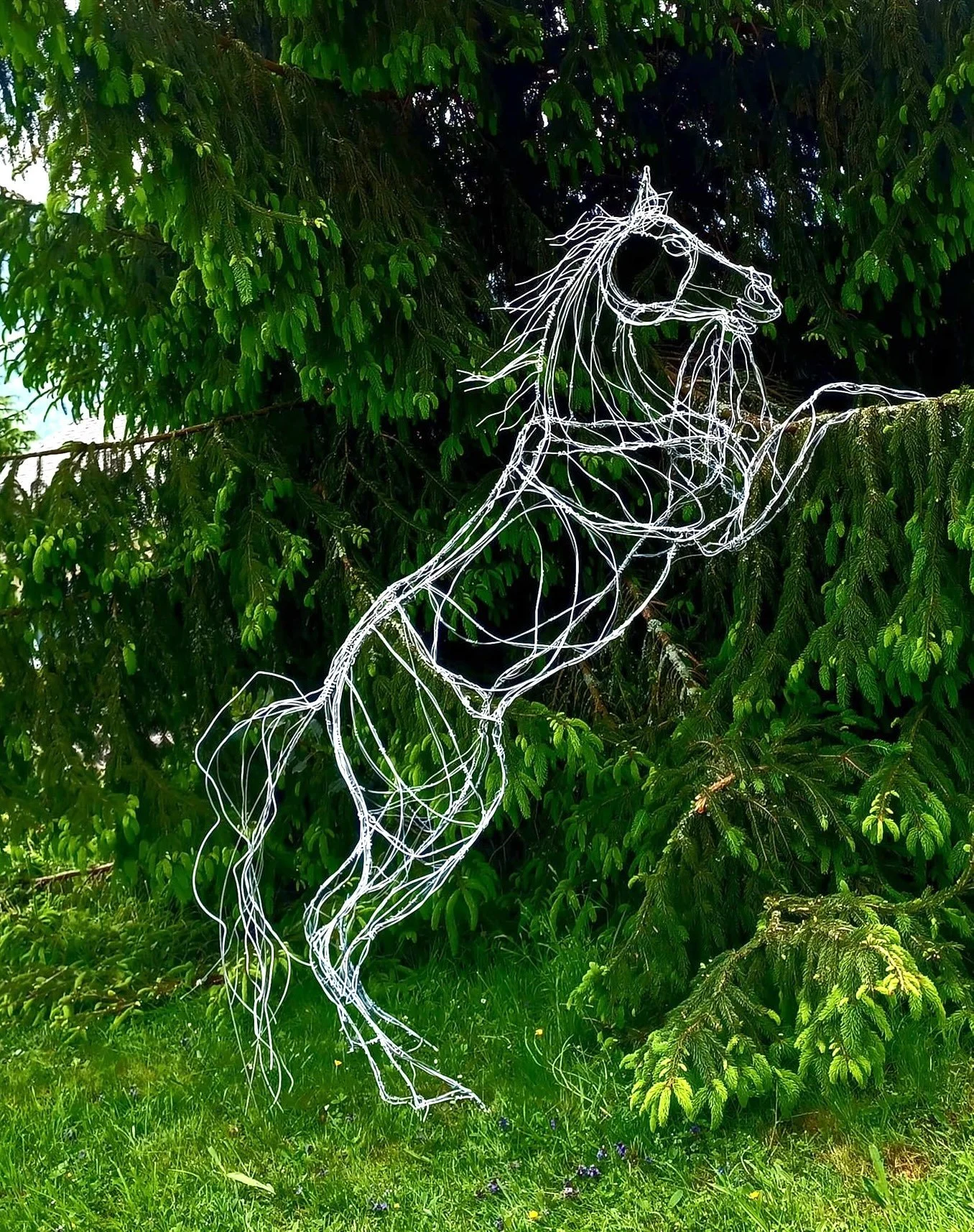 Grande sculpture de cheval cabré, fil de fer