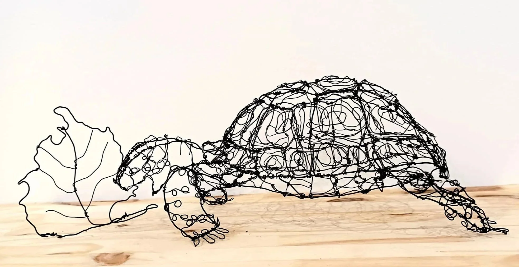 Tortue et feuille de salade, sculptées avec du fil de fer recuit
