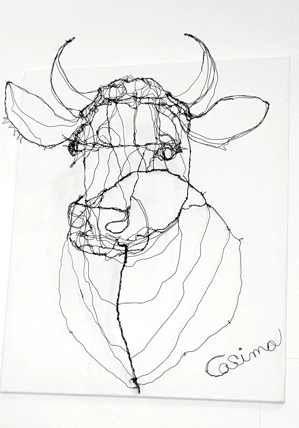 Tête de vache en fil de fer sur toile