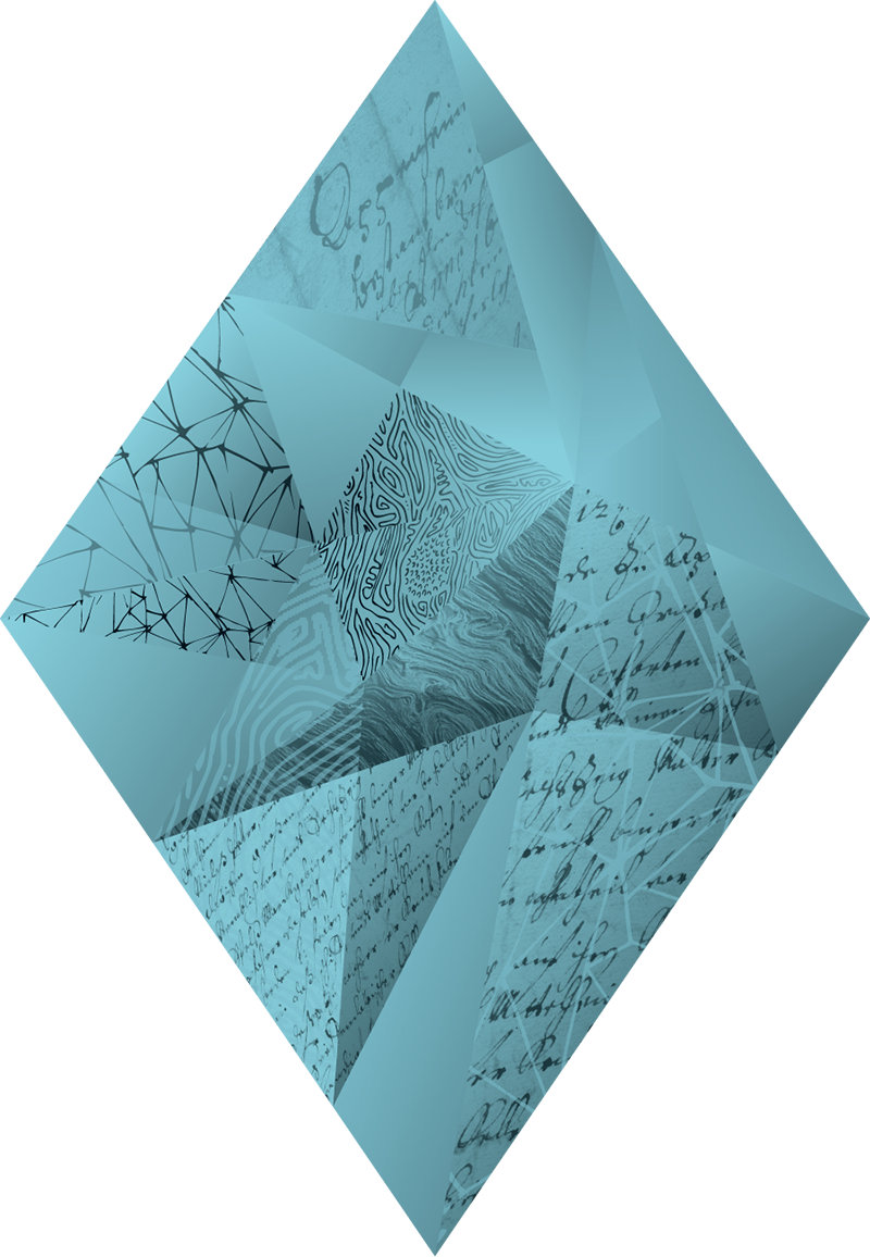 Abstrakte digitale Illustration eines Diamanten mit blauen Flächen, Textfragmenten, Mustern und Linien.