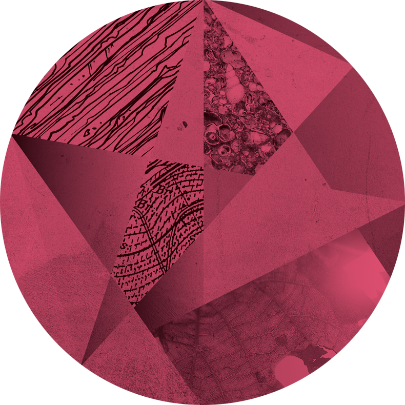 Abstraktes geometrisches Design mit mehreren Texturen und Mustern, hauptsächlich in Pink- und Rottönen.