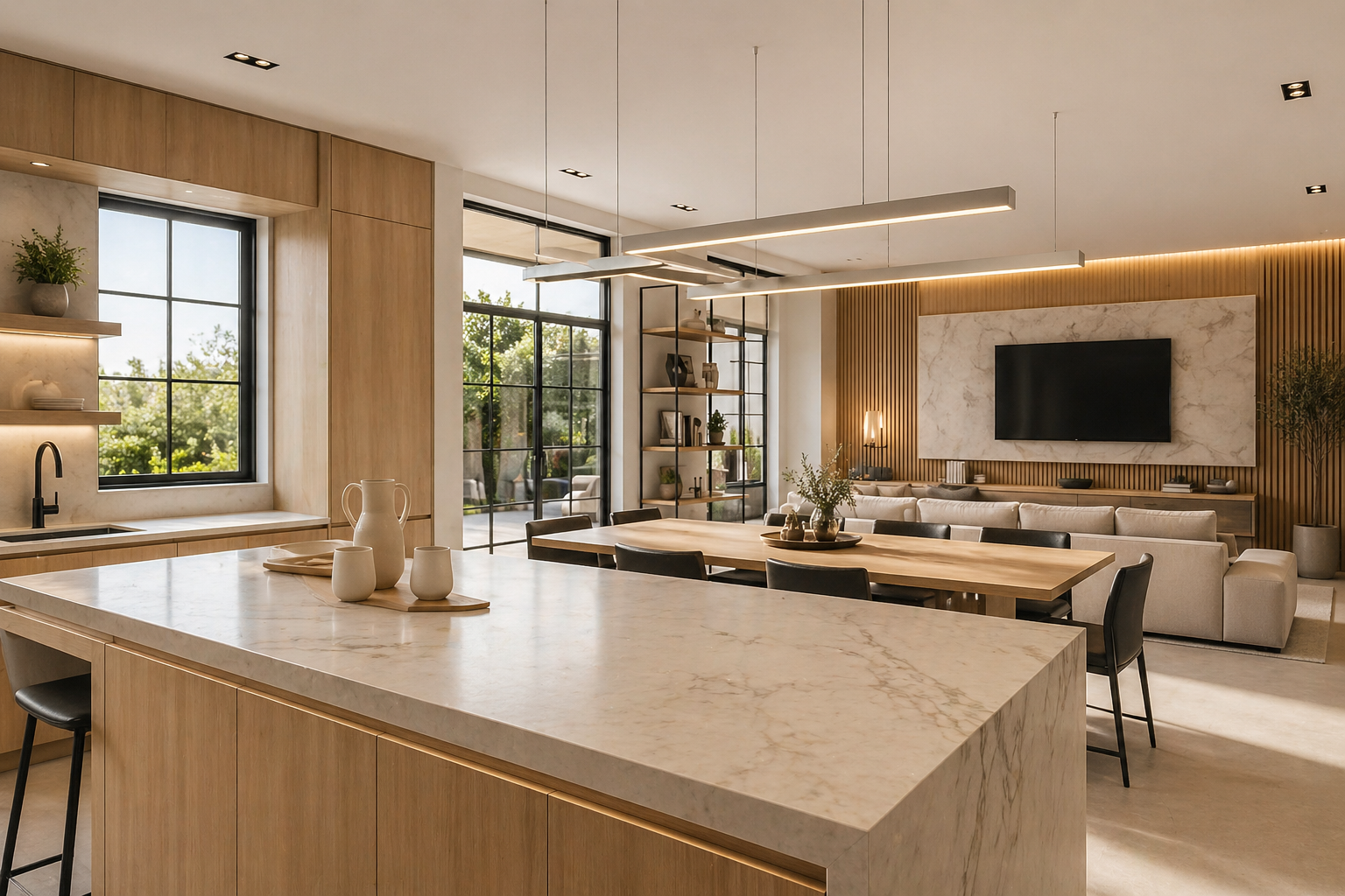Modern open-concept living space featuring a kitchen with a marble island, a dining area with a large wooden table and black chairs, and a seating area with a white sofa and a wall-mounted TV, with large windows and sliding glass doors letting in natural light.