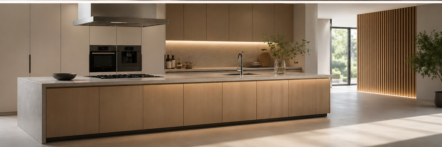 Modern minimalist kitchen with wooden cabinets, a large island with a stone countertop, built-in appliances, and potted plants, illuminated with natural and accent lighting.