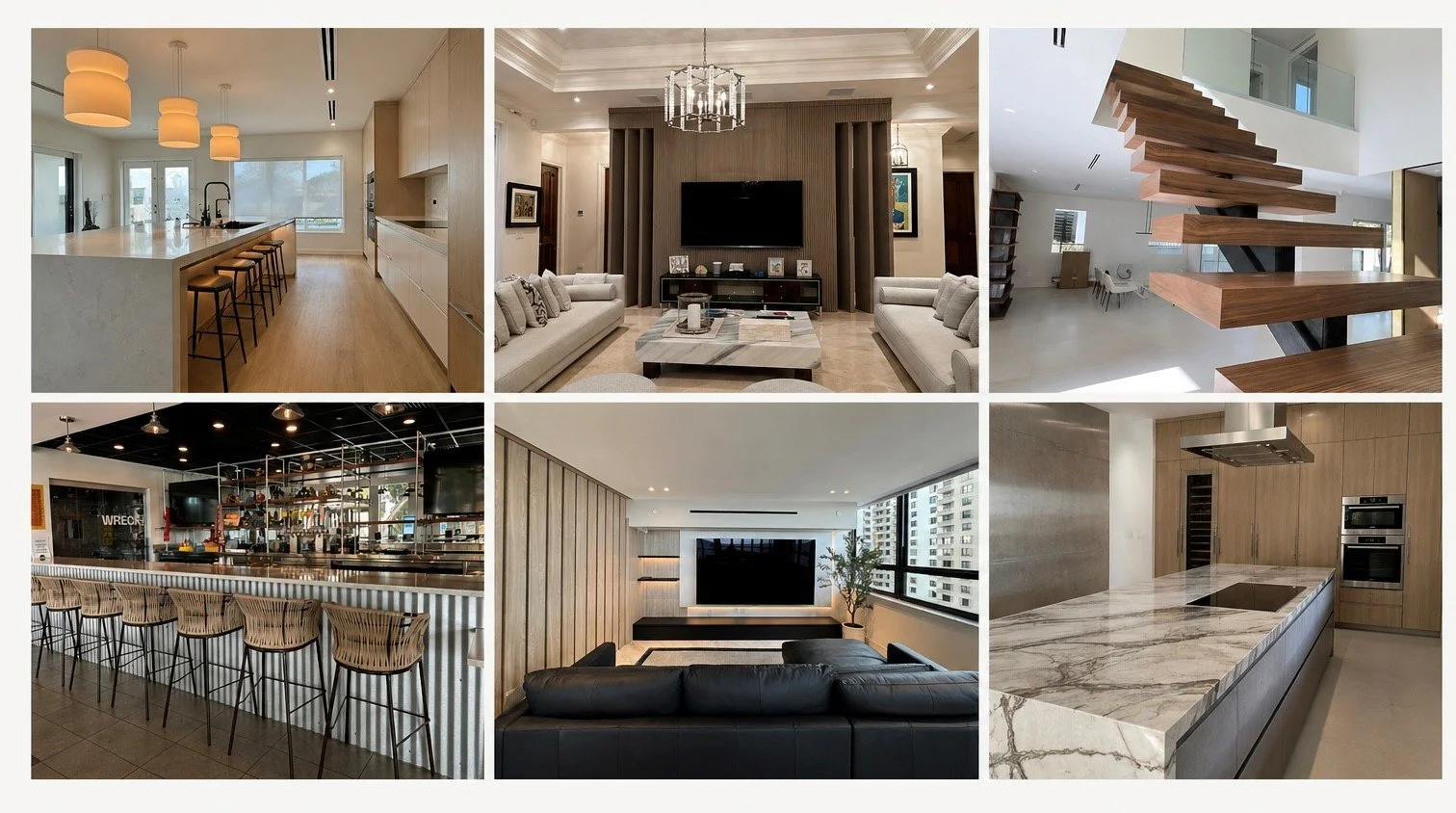 Collage of six modern interior spaces including kitchen, living rooms, staircase, bar, and another living area with large windows.