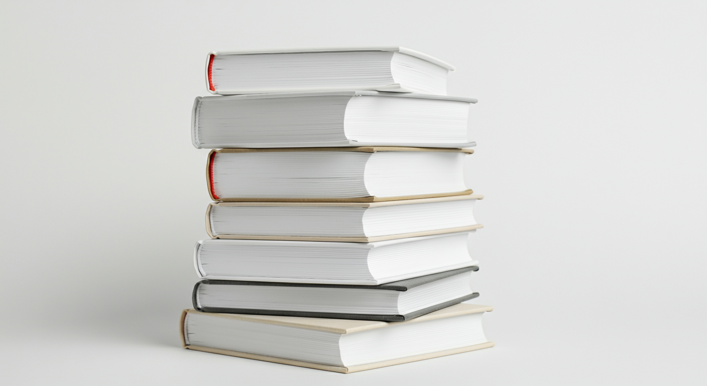 A stack of ten books with white, grey, beige, and black covers placed on a white surface against a white background.