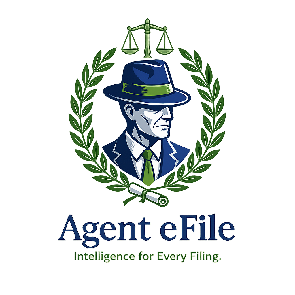 Agent eFile logo featuring a stylized legal agent inside a laurel wreath with scales of justice, in blue and green.