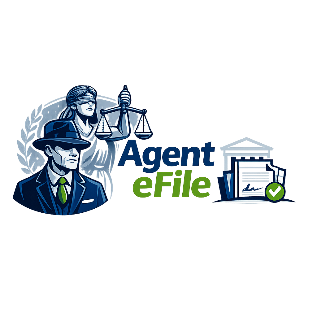 Illustration of legal and investigative themes with two men in suits and wide-brimmed hats, a woman holding scales of justice, the words 'Agent eFile', and a secure folder icon with a green checkmark.