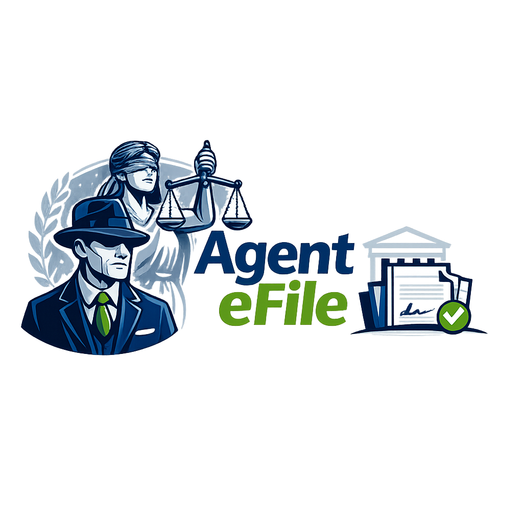 Illustration of two people, one wearing a blindfold holding balanced scales, symbolizing justice, and another dressed in a suit and hat. The image includes the text 'Agent eFile' and a file folder with a green checkmark, indicating legal or document processing services.