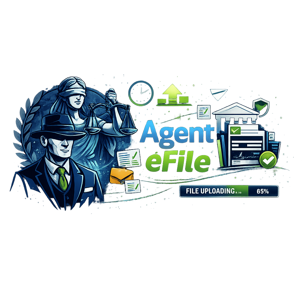 Digital illustration of law enforcement and legal symbols, including a blindfolded woman holding scales, a suited man with a fedora, and a file upload progress bar at 65%, with the words "Agent eFile".