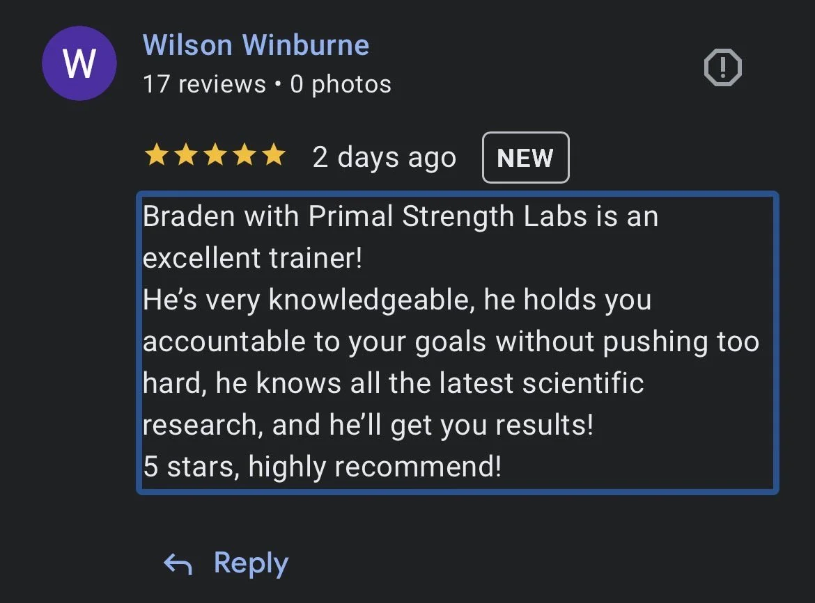 Screenshot of a Google review for Wilson Winburne with five stars, praising a trainer from Primal Strength Labs.