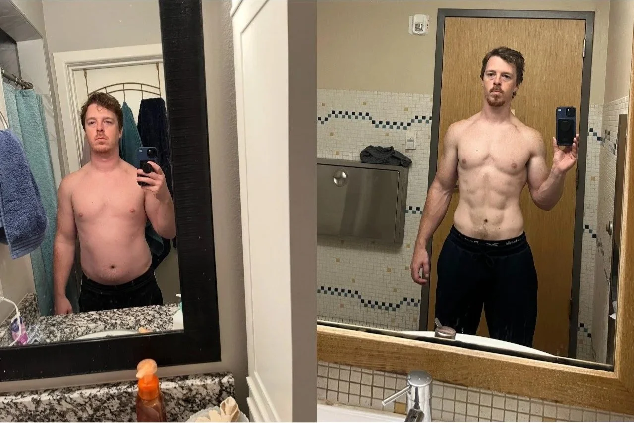Comparison of a man's appearance in two bathroom mirror selfies; before and after a physical transformation, showing increased muscle definition and reduced body fat.