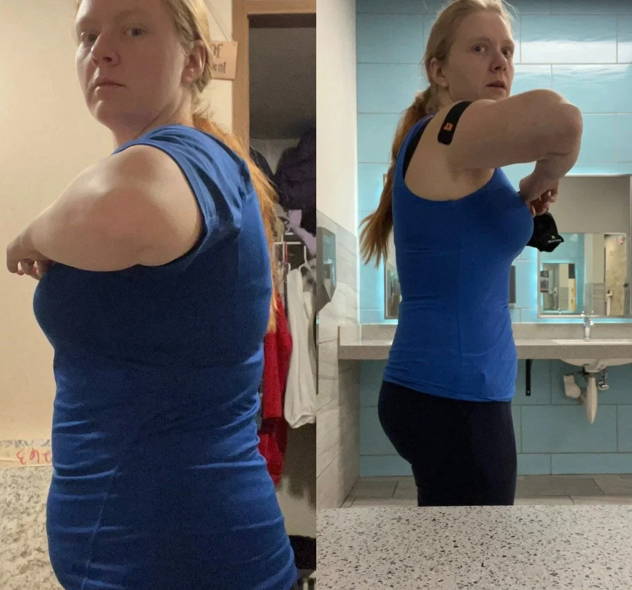 A woman in a blue athletic shirt taking side profile mirror selfies in a bathroom, showing her back and arm muscles from fitness training.