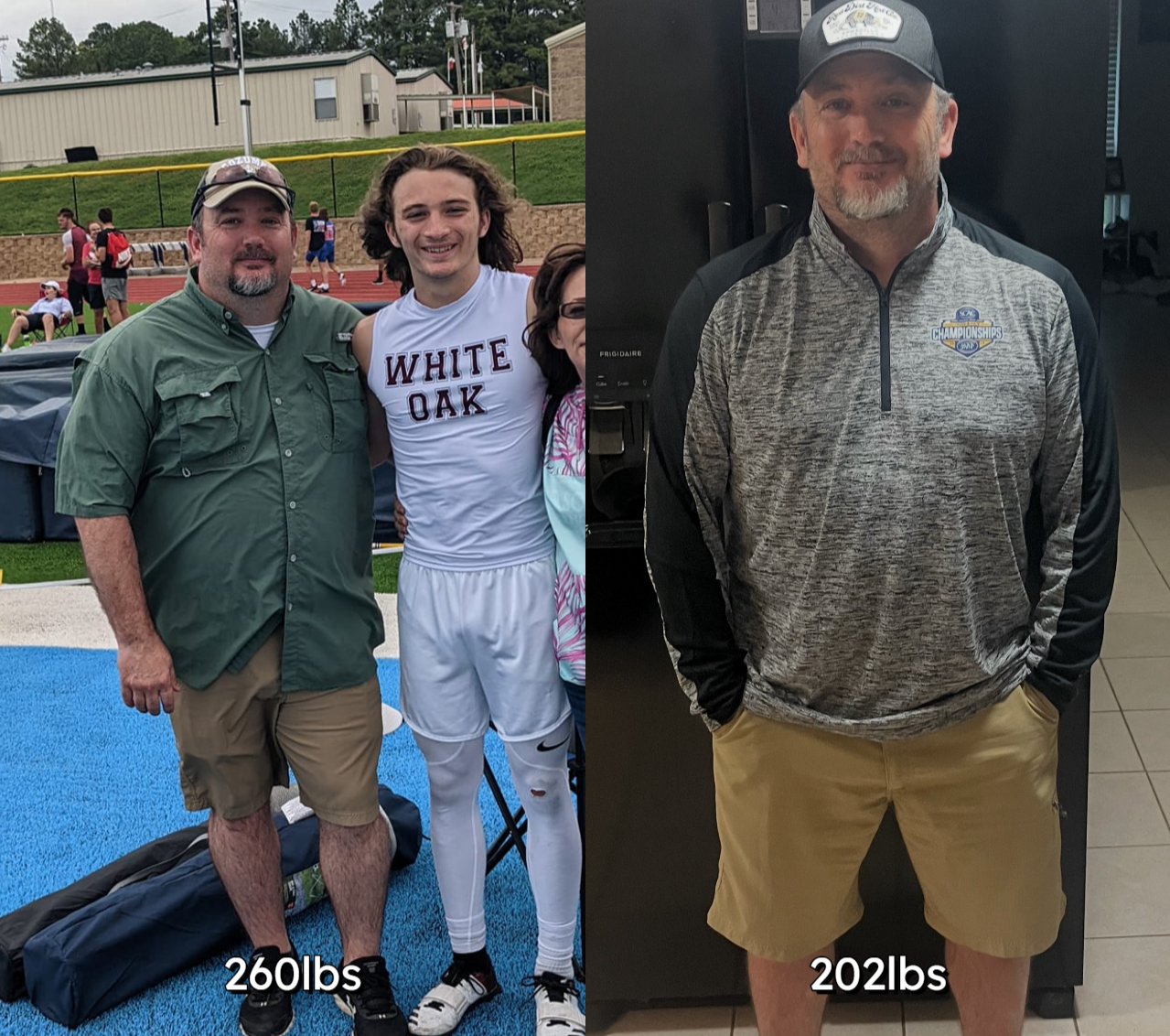 Side-by-side photos of a man before and after weight loss. The left photo shows him at 260 pounds, standing outdoors on a track field, wearing a green shirt and shorts, with a young athlete in a white uniform. The right photo shows him at 202 pounds 