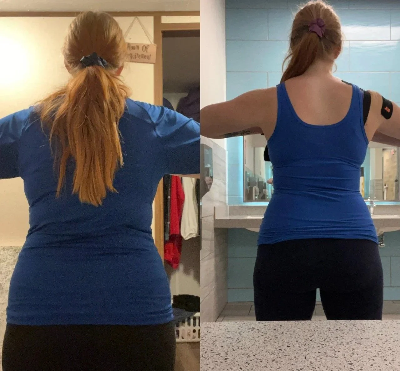 Two women with red hair, one in a dark blue shirt and the other in a blue tank top, standing in front of a bathroom mirror with their arms outstretched to the sides.