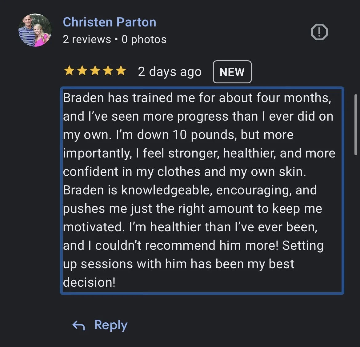Screenshot of a Google review by Christen Parton praising a trainer named Braden for effective health and fitness coaching, highlighting weight loss and increased confidence.